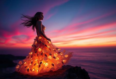 A surreal image of a young woman standing on a cliff at twilight, her gown made of glowing, wind-swept petals and sea shells. Her hair flows freely in the wind, and her eyes are focused on the distant horizon. The sky behind her is painted with vibrant hues of pink and purple, fading into the starry night.