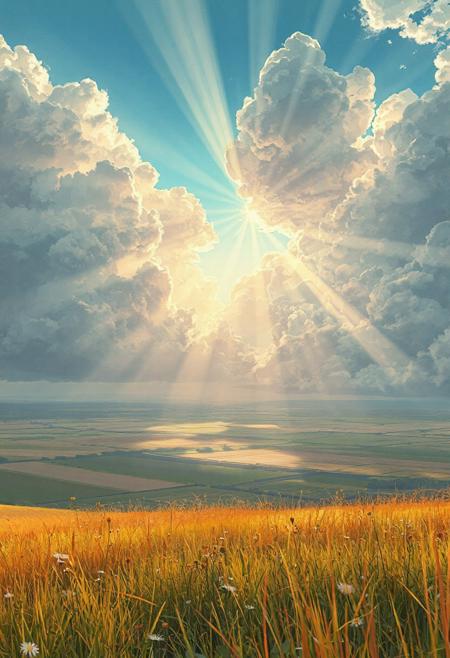 "Vertical 9:16 cinematic anime scene, wide view from a grassy hilltop, overlooking endless golden fields, detailed wildflowers in the foreground gently swaying in the wind, massive textured clouds overhead with visible folds and organic bumps, powerful beams of shimmering sunlight bursting through scattered gaps in the clouds, painting radiant streaks across the land, pastel sky in soft blues, golds, and faint pinks, hyper-detailed soft watercolor anime shading, dreamy emotional atmosphere, slight gentle motion in the grass and flowers.