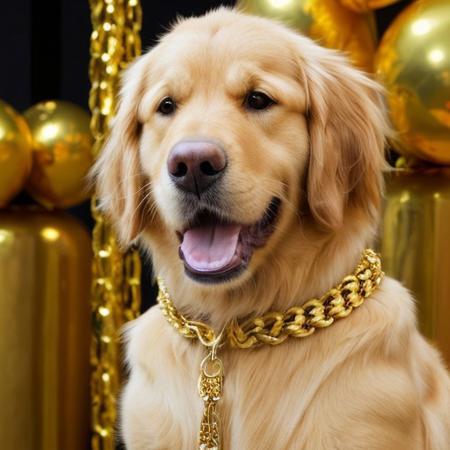 A golden retriever with gold chains and aviator sunglasses, in a boxing pose