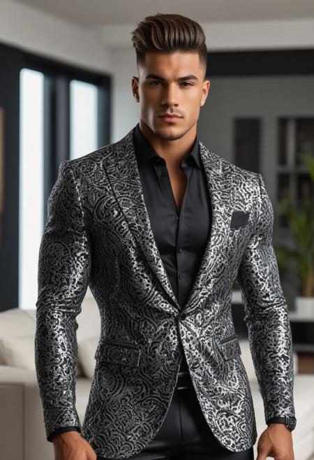 a strong 22-year-old brazillian hunk bodybuilder male, with a fringe up undercut hairstyle, detailed face, mindless expression,  wearing a black suit with silver patterns, wearing pants,  on a modern living room, standing at attention pose, looking at viewer, portrait, photography, detailed skin, realistic, photo-realistic, 8k, highly detailed, full length frame, High detail RAW color art, diffused soft lighting, shallow depth of field, sharp focus, hyperrealism, cinematic lighting