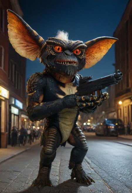 Xgremlinx,(terminator:1.3), sun bases,black  chacket, gun, amazing quality, masterpiece, best quality, hyper detailed, ultra detailed, UHD, perfect anatomy, portrait, hyper-realism, majestic, awesome, inspiring, - portrait in night city street ,  cinematic composition, soft shadows, national geographic style,
