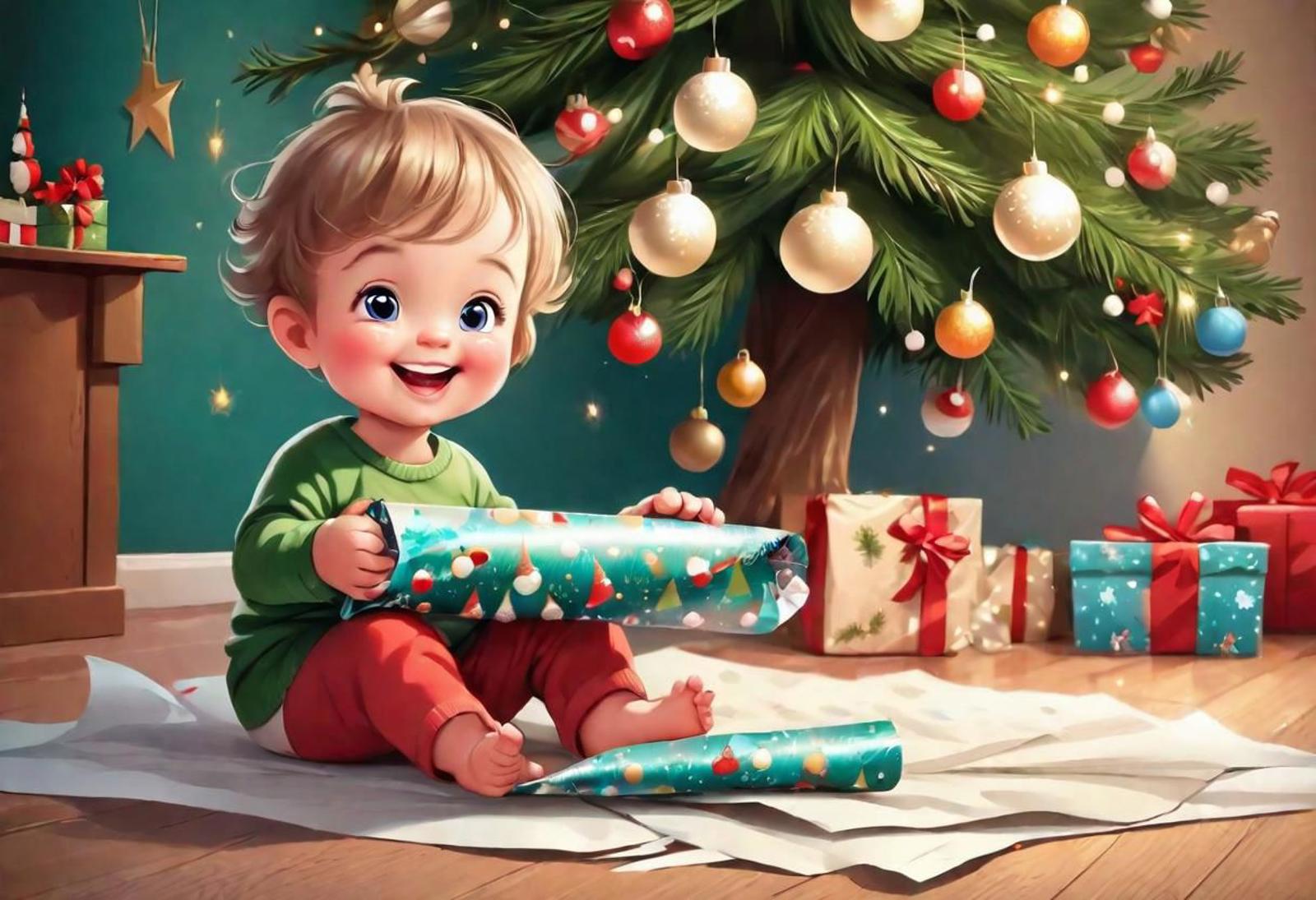 A young boy sitting on the floor in front of a Christmas tree, holding a present.