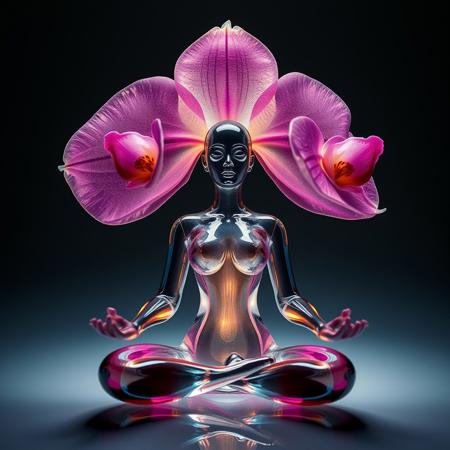 Ultra realistic photograph of a translucent prismatic glass orchid in the shape of a beautiful woman in meditation