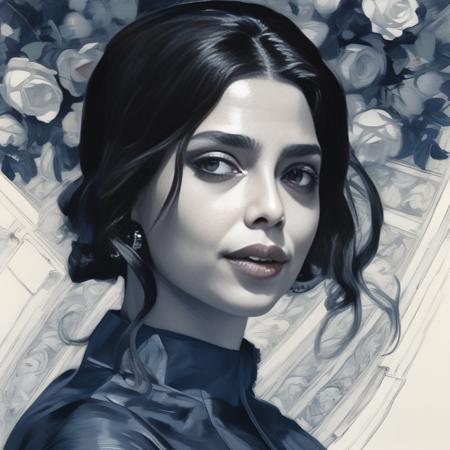 AishwaryaLekshmi, (art by Floris Arntzenius:0.9) , (art by J.C. Leyendecker:1.1) , [ aerial shot of a Girl surrounded by Binary star, Fine art, Bloom light, Selective focus, Monochromatic DayGlo blue filter::12],  <lora:AishwaryaLekshmiSDXL:1>