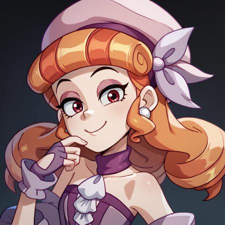 TeoV, 1girl, orange hair, hair drills, red eyes white pearl earrings pink beret lavender hair bow purple choker frilly purple fingerless gloves open strapless purple fitted bodice jacket purple belt pink lavender layered dress striped purple stockings high-heeled purple boots  <lora:TeoV:1>