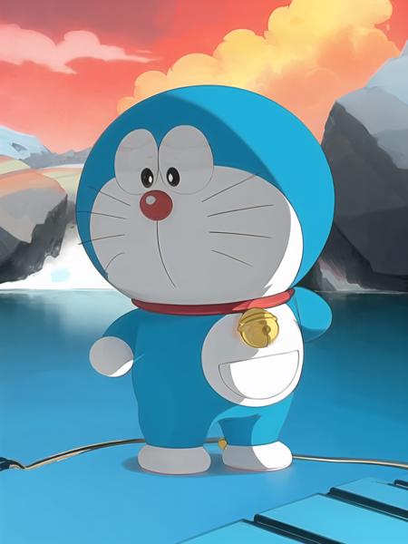 doraemon, blue,white pocket,neck bell, standing, collar, whiskers, male focus, full body, no humans, black eyes,  jingle bell, masterpiece, best quality, <lora:doraemon-V2:1>