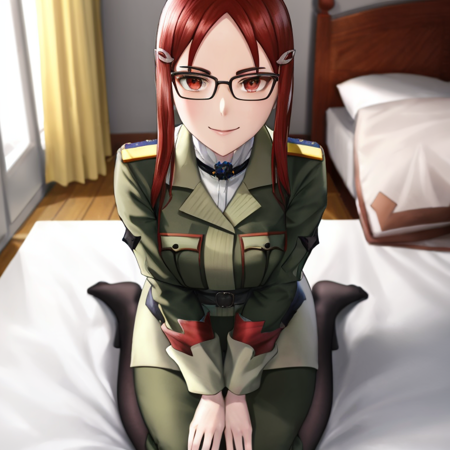 minerva_vc, hair ornament, hairclip, uniform, military, military uniform, indoors, bed, bedroom, seiza, looking at viewer, smile, hands on own lap, from above