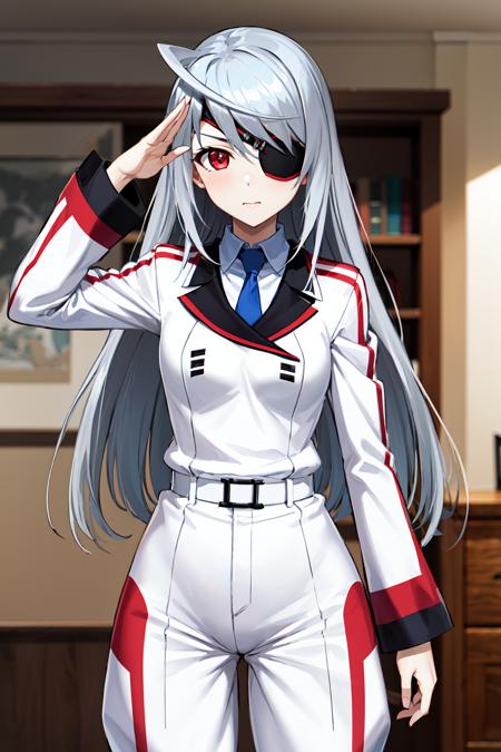 aalaura, long hair, eyepatch, school uniform, necktie, collared shirt, white jacket, belt, white pants aalaura, twintails, eyepatch, frilled bikini, black bikini, thigh holster