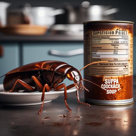 cinematic photo metal can of soup, cockroach looking at mutatant|cockroach depicted on can etiquette, with big text "SUPA" and small text "SUPA COCROCHA", on kitchen table, simple background, pbr texture, grit, stains, rust <lora:Grit-SDXL:1.5> . 35mm photograph, film, bokeh, professional, 4k, highly detailed