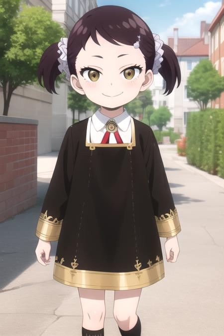 female child short hair,black hair,short twintails,star hair ornament,star (symbol),hairclip,hair scrunchie,white scrunchie,bangs,eyelashes,brown eyes eden academy school uniform neck ribbon,red ribbon,wing collar,collared shirt,white shirt,black dress,long sleeves,gold trim,black socks,mary janes