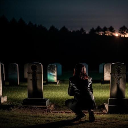 RAW photo, 8k uhd, dslr, high quality, film grain, Fujifilm XT3.
View from behind, dim horror movie lighting, 1woman, kneeling in front of grave