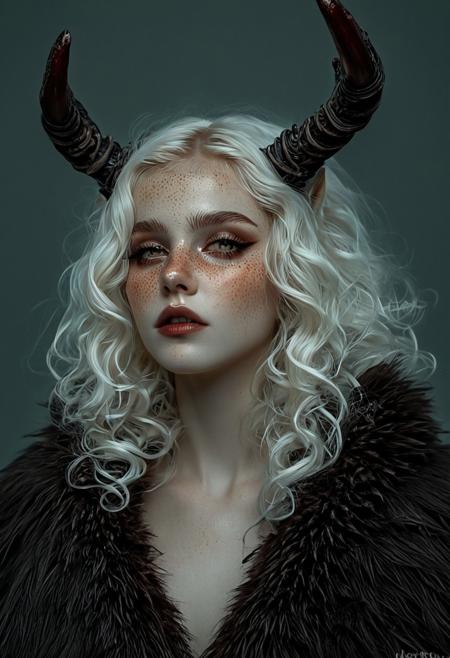 This is a highly detailed, photorealistic digital painting or CGI image of a young woman with a surreal, ethereal appearance. The subject has striking, pale, almost translucent skin and curly, voluminous, platinum blonde hair styled in loose, voluminous waves. Her face is adorned with a scattering of freckles across her cheeks and nose. She has piercing, almond-shaped eyes that seem to gleam with an otherworldly intensity, and her lips are painted a deep, rich burgundy.
Her most prominent feature is her large, spiraling, antler-like horns that protrude from her head, adding to her mythical, fantastical appearance. The horns are a creamy, almost translucent white color, with intricate, ridged textures that suggest they are made of a material like bone or ivory.
She wears a dark, richly detailed, fur-like cloak draped over her shoulders, which appears to be a deep, dark brown or black color, adding to the overall mysterious and mystical aura. The fur texture of the cloak is meticulously detailed, with a sense of depth and volume. The background is a dark, muted greenish-gray, which contrasts starkly with her luminous skin and the lighter tones of her hair and horns, focusing attention on the subject.