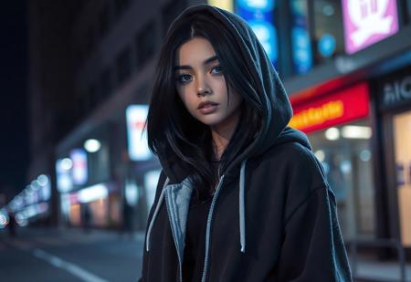Black hair, purple eyes, give her only a hoodie that is half zipped leaving a open but cool aesthetic look, standing in a night city