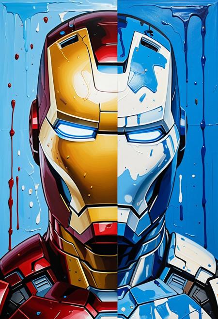 Centered, headshot, Iron Man, Hyper-detailed portrait split composition: left side—(realistic oil painting:1.3) with visible brushstrokes, (dramatic chiaroscuro lighting:1.2), textured skin details, blue and white hues; right side—dissolving into (unpainted paint-by-numbers aesthetic:1.4), bold black outlines, flat colored sections labeled with faint numbers, transition blurred like wet canvas. 8K, DSLR sharpness, ArtStation trend.