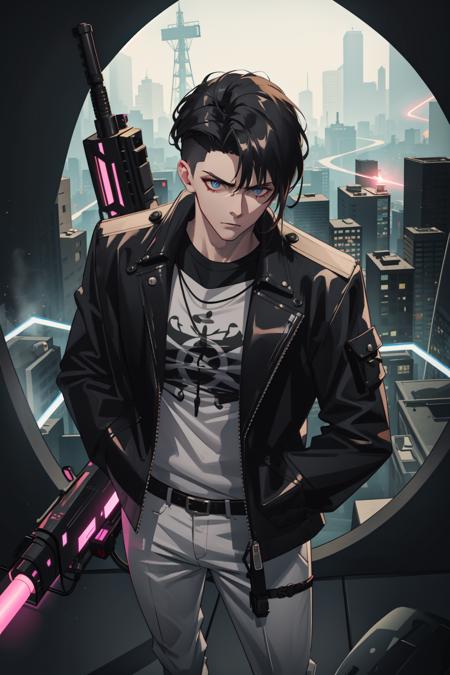 masterpiece, best quality, 1 male, adult, mature, tall, broad shoulders, handsome, intricate details, very short hair, undercut, grunge, serious expression, big arms, dark, old leather jacket, white t-shirt, medieval dark leg armor pants, neon motion stream, glowing lights, Grenade Launcher weapon, bright white energy streams of lights, rim lighting, sf, Apocalypse, from above