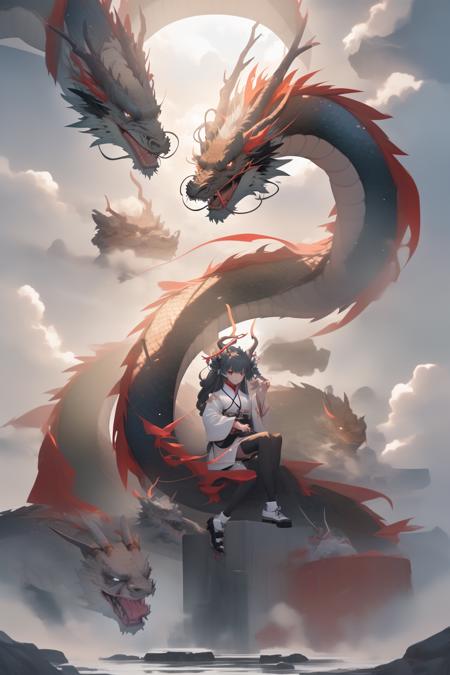 chinesedragon, eastern dragon, dragon, 1girl, long hair, cloud, black hair, sky, floating hair, solo, chinese clothes, wide sleeves, horns, long sleeves, looking at viewer, very long hair, black footwear