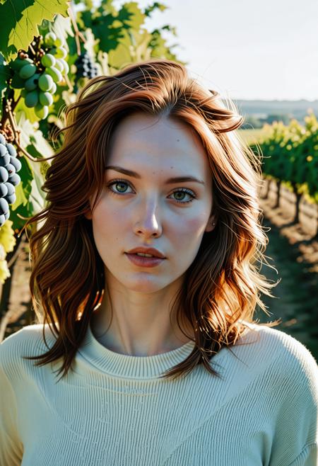 (Close up analogue photo) of a beautiful 25 years ((pale skin)), oval face, auburn haired woman, <lora:Jacinta_SDXL:0.8>,Beautiful girl wearing a thin athletic sweater, Side-swept hair. Highly detailed beautiful expressive eyes. Morning in the snow. Photorealistic, Natural atmospheric lighting, intricate details, (coiled hair:1.3),,high quality, film grain, Fujifilm XT3, 8k uhd, dslr, film grain, kodak tri-x 400 film, grain photo DOF, faint lighting, dynamic angle, cinematic, Depth of field, bokeh, best quality, cinematic, light particles, highly_detailed, very_aesthetic, golden hour, beautiful_and_aesthetic ,Sexy pose, erotic pose, exhibitionism ,A peaceful vineyard with rows of grapevines and a winery