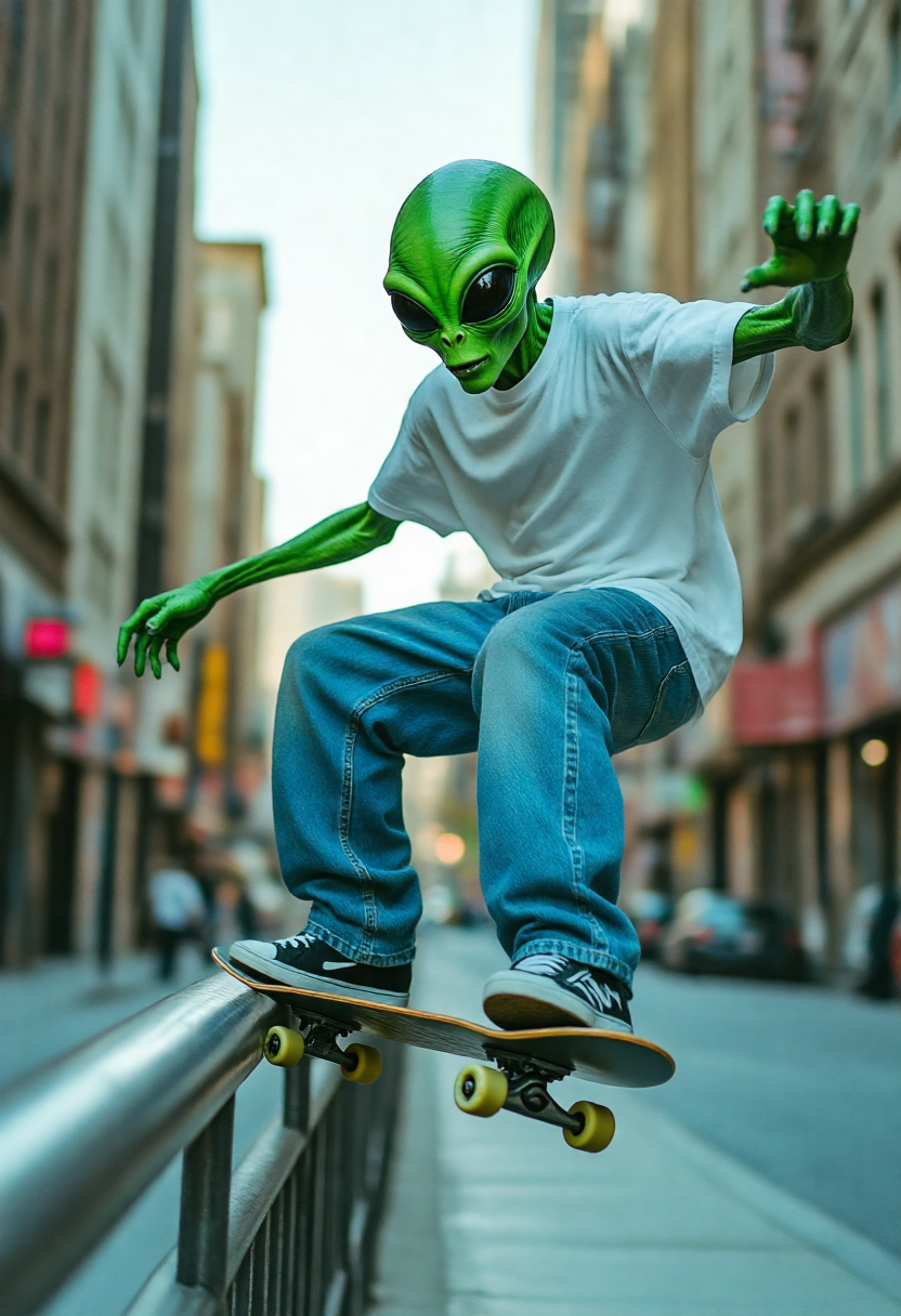 a y2k style photograph of an alien with green skin wearing hiphop style clothing with baggy blue jeans and a white tshirt skateboarding through a city street. The alien is rideing the skateboard along a metal railing as the alien balances on the board with his arms streached out beside him. The shot is taken with a y2k photography style with a sistortion effect. The alien is grinding along the railing, the skateboard is on top of the railing.