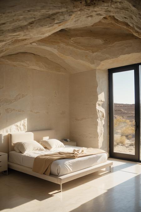 award winning interior photo, photograph, ultra photorealistic, photorealism, film still of inside a modern white spacious design (bedroom inside a smooth stone cave:1.25), smooth shading, desert, daylight, bright colors, hyper realistic, modern, surreal, lights, minimalistic studio architecture, behance, halation, bloom, dramatic atmosphere,  rule of thirds, 8k uhd, dslr, high quality, film grain, kodak, panavision, cinestill,