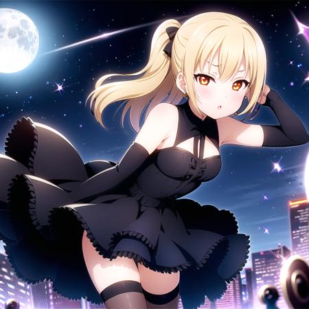 best quality, ultra high res,1girl, solo focus, ((black mini see through dress)), elbow dress, black thighhighs, frills, ribbons, studio background, (platinum blonde hair:1),floating hair,looking at viewer, facing front,moon light city ,