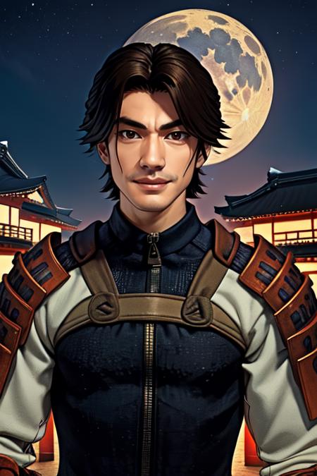 Samanosuke,black eyes, brown eyes, short hair, 
red japanese armor ,  black vest, zipper, 
standing,solo,  upper body,  smile, 
Japanese building, nighttime,moon,Sengoku period, 
(insanely detailed, beautiful detailed face, masterpiece, best quality) 
 <lora:Samanosuke:0.8>