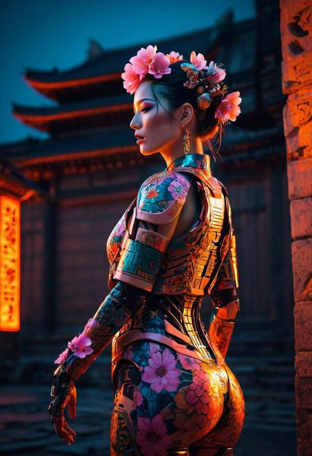 beautiful pink robot girl, perfect face, beautiful face, with flowers on their heads, full body portrait, bodies covered with floral patterns, wearing colorful Japanese kimonos and exquisite tattoos, illuminated by orange light from behind against the backdrop of an ancient building., side view, close-up shot, cyberpunk style, futuristic technology sense,