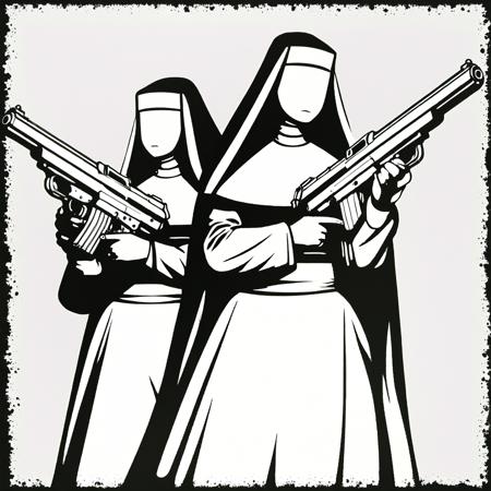 vctr artstyle nuns with guns black line art white background