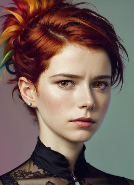 portrait of sks woman by Flora Borsi, style by Flora Borsi, bold, bright colours, rainbow Mohawk haircut, ((Flora Borsi)), <lora:locon_jessiebuckley_v1_from_v1_64_32:1>