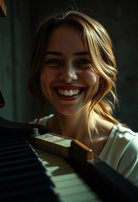 photorealistic image, 4k, hires, a woman with teeth of piano key is smiling, in the dusty room, film grain, cinematic lighting, shade, 
brown hair, 
portrait photography, cinematic, poster, painting,