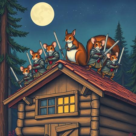 A warm summer night,  a one big squirrel is a commander of a group of  mice. All  are standing on the top of a wooden roof of a big wooden cabin in the middle of the forest. . All of them wear a medieval knight armors and hold steel swords. vivid colors, ukiyo-e  style