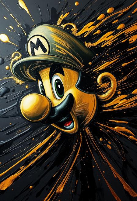 A hyper-stylistic, extremely detailed image depicts a breathtaking painting, crafted from a combination of smeared black and gold metallic paint. Mario is captured in a streaked motion, as if it is moving rapidly in one direction. The black paint is applied in bold, dynamic strokes, creating a sense of energy and movement that is contrasted beautifully by the golden accents. The gold paint is used to highlight the Mario's features, adding a sense of depth and dimensionality to the image. The overall effect is one of breathtaking, surreal dynamism, as if the viewer has captured a fleeting moment in time. Every detail of the image is meticulously crafted, from the delicate, swirling patterns of the gold paint to the intricate, textured patterns of the black paint. The contrasts between light and dark, color and texture, create a sense of tension and energy that draws the viewer in, inviting them to explore the kinetic world of the painting. highest-Quality, intricate details, visually stunning, Masterpiece