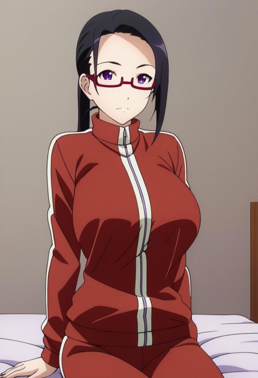 , score 9, score 8 up, score 7 up, score 6 up, source anime, room, sit on bed, solo girl, 1girl, big breast, long breast, sakie satou, long hair, black hair, purple eyes, glasses, semi-rimless eyewear, red-framed eyewear, under-rim eyewear, large breasts, ponytail, jacket, track jacket, track suit, red jacket,