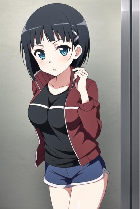 5uguh4, 1girl, solo, kirigaya suguha, black hair, short hair, jacket, open jacket, short shorts, shirt, black eyes, red jacket, black shirt, blue shorts, medium breasts, bangs, <lora:Suguha:1>