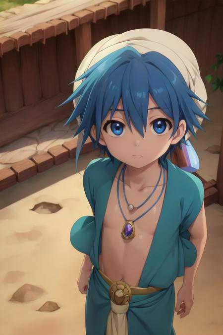 magi_aladdin blue hair turban flute blue vest one single braid