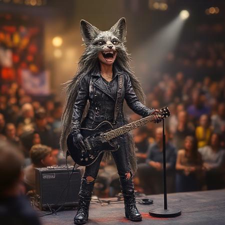 masterpiece, best quality, close up, FurFemX, (1 fox women:1.2), furry, dark gray fur, front view, standing on a concert stage, gripping microphone stand, head thrown back howling into the mic, long wild hair, heavy black leather jacket, ripped jeans, massive guitar amplifier behind, roaring crowd in background, intense stadium lights, sweat dripping from forehead, pure rockstar energy, powerful female presence, motion blur on hair and mic stand, electric sparks in air, anime art style