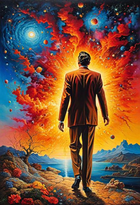[watercolor painting : oil painting : 0.5], sensual passion explodes in a climatic explosion, at night under a gorgeous starry sky, vibrant colors , surrealism, grandiose, masterpiece, sharp focus, very beautiful, amazing, whimsical landscape, art by (Salvador Dali, vladimir fedotko, josephine wall), bright colors, high contrast, ethereal , camouflage, hidden man, riddle game