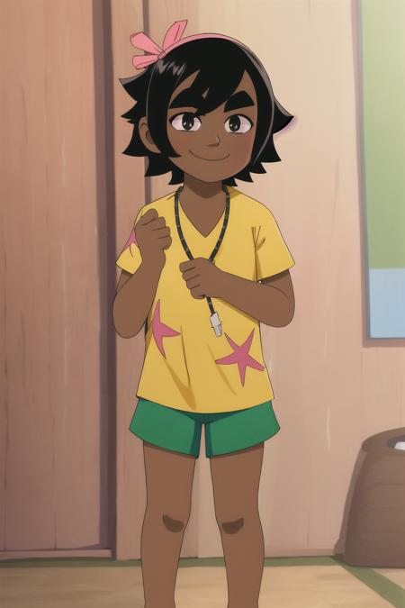 <lora:KoaSummerInMara:0.8>, 1girl, KoaSummer, black hair, short hair, pink hairband, thick eyebrows, black eyes, dark skin, tan, necklace, yellow shirt, green shorts, barefoot, smile, happy, indoors, standing, ((masterpiece)), (best quality), 8k, ultra-detailed, absurdress, beautiful, highres