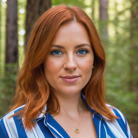 RAW photo, (closeup:1.2), 8k uhd, high quality, film grain, Fujifilm XT3, 
portrait photo of 32 y.o Russian woman,mature female,(female naked),big tits, natural skin,(ginger hair:1.2), (blue eyes:1.2), (barefoot:1.1),
black forest,Redwood tree,depth of field, evening,(full body:1.2), looking at viewer, striped pajamas, footpath,Fancy face