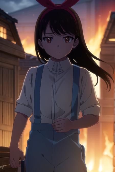 anju, long hair, black hair, (brown eyes:1.5), hairband, ribbon, hair ribbon, shirt, bow, white shirt, short sleeves, suspenders,