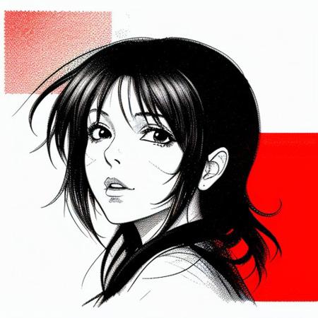 Redhead Anime girl. Black&white. Duotone: Red- Black.
Thick Lines. Strong Lines. Duotone Background.