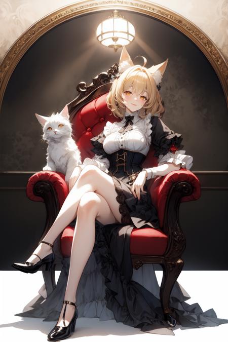 masterpiece, best quality, , establish, <lora:ElegantVic-000021:1>,  dhevictorian, victorian dress, corset, embroidery  , smile, full body,  <lora:Hecate-01:1> hecate, orange eyes, blonde hair, fox ears, cat eyes, ahoge, chair, sitting, crossed legs, <lora:add_detail:0.25>