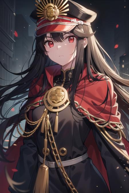 oda nobunaga, black hair, long hair, (red eyes:1.5), chain, cloak, family crest, gloves, grey gloves, hat, military, military hat, military uniform, peaked cap, uniform, red cloak,