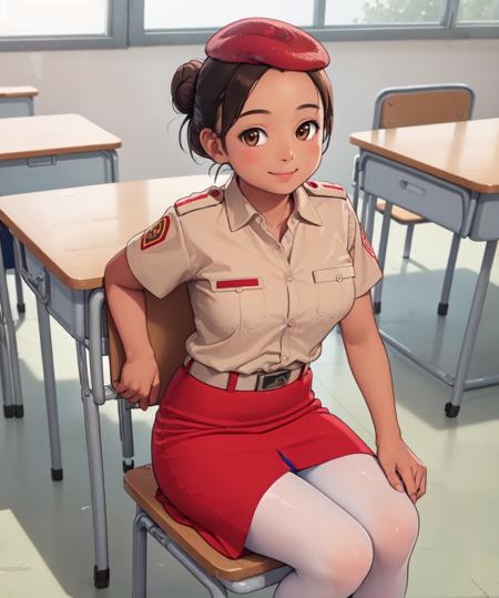 (masterpiece, best quality:1.2) 1girl, cm uniform, (photo realistic:1.2), (brown shirt:1.1), [red pencil::4] skirt, white pantyhose, smile, single hair bun, arm support, school desk, school chair, medium breasts, classroom, school emblem [dark skin:tan skin:2], red beret, long skirt, [belt:4]
<lora:cm2fin:1>