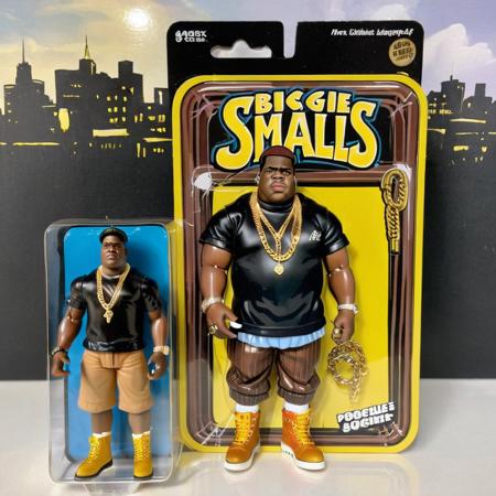 Biggie Smalls,  A meticulously detailed, photo-realistic image of a Biggie Smalls, packaged in a vibrant box. The packaging prominently features a cartoon illustration of a man in a Biggie smalls gold chains on one side, characterized by exaggerated features and a signature expression. Beside the cartoon, a clear window panel reveals the action figure, a precise replica, with distinct detailing and accurate coloring. The figure's attire black shirt work boots, complete with miniature accessories. The background of the box displays elements symbolic of rap music, subtly enhancing the collectible's thematic appeal <lora:gonza:0.75>