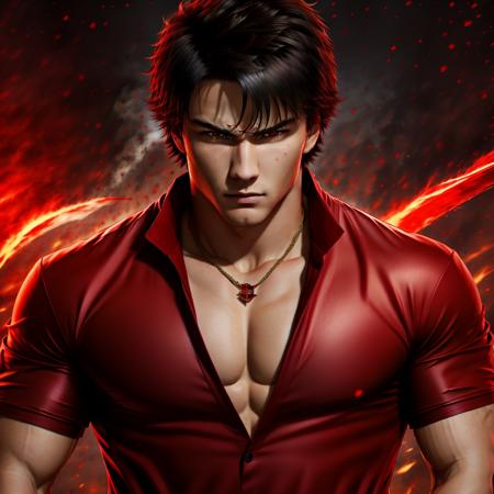 Masterpiece, 4K, High Quality, realistic, contrast, 1man, solo, <lora:Badass_Ikemen:0.8>, wearing a red shirt, necklace, fighting gear, face ultra focus, menacing, explosion in the background, looking at the viewer