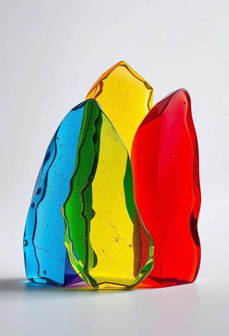 "Create a hyper-realistic image of three distinct pieces of colored glass, each with a unique hue and texture. The pieces are positioned in a way that their sides partially overlap, creating a fascinating display of color theory in action. Where the red and yellow glass overlap, a vibrant orange hue is created. Where the blue and yellow glass overlap, a bright green hue is formed. And where the blue and red glass overlap, a deep purple hue emerges. The glass pieces are rendered in exquisite detail, with every facet and imperfection visible, and the overlapping colors blend seamlessly together to create a stunning visual effect." highest-Quality, 8 k, intricate details, visually stunning, Masterpiece
