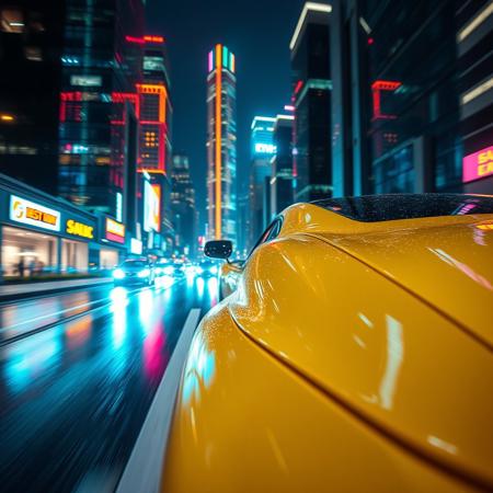 A cinematic close view shot of the exotic sport car speeding down a neon-lit street at night, reflecting the bright, colorful lights from surrounding skyscrapers, with rain-slicked roads creating a mirror effect of the car’s sleek yelow body. The glowing cyberpunk city skyline in the background enhances the futuristic vibe of this intense race scene.