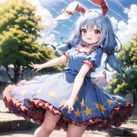 (masterpiece), best quality,1girl,seran,dress,seiran (touhou),frilled dress,blue hair,Rabbit ears,red eyes,twintails,low twintails  <lora:SeiranTouhouProject_v011:0.8>