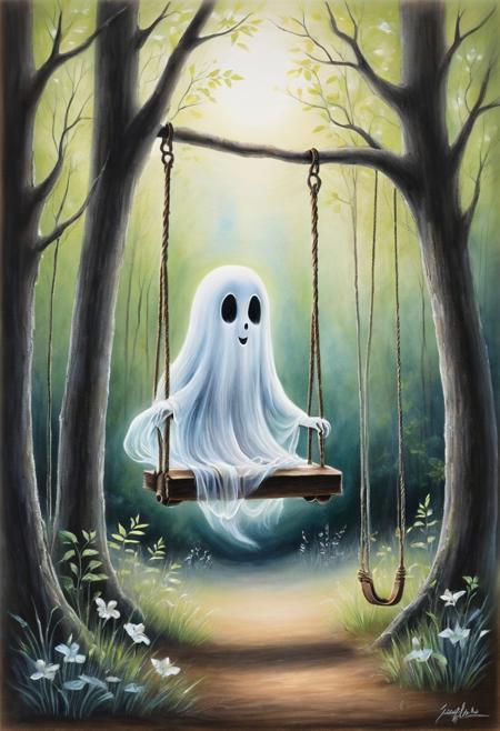 #pastel, #dry chalk drawing, #chalk on paper, #shading with chalk, #drawing with chalk, #drawing with colored chalk, #shading with chalk, 
"A whimsical scene of a small, translucent ghost gently swinging on an old wooden swing in a serene forest clearing. The ghost has a mischievous expression and is surrounded by lush greenery, tall trees, and a soft, diffused light filtering through the leaves. The swing is weathered and hanging from sturdy branches, adding to the enchanting atmosphere. The overall mood is one of playfulness and wonder, with a touch of nostalgia."