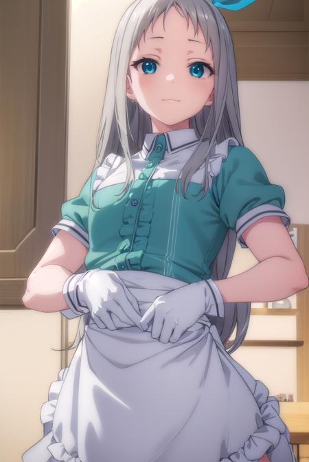 hideri kanzaki, long hair, bow, (green eyes:1.3), hair bow, grey hair, male focus, hairband, black hairband, otoko no ko, (forehead:1.2), gloves, dress, short sleeves, frills, puffy sleeves, white gloves, apron, puffy short sleeves, waist apron, white apron, frilled apron, waitress,